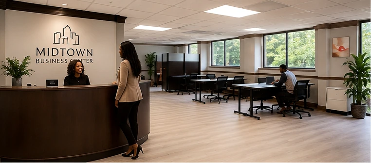The reception and shared workspace at Midtown Business Center